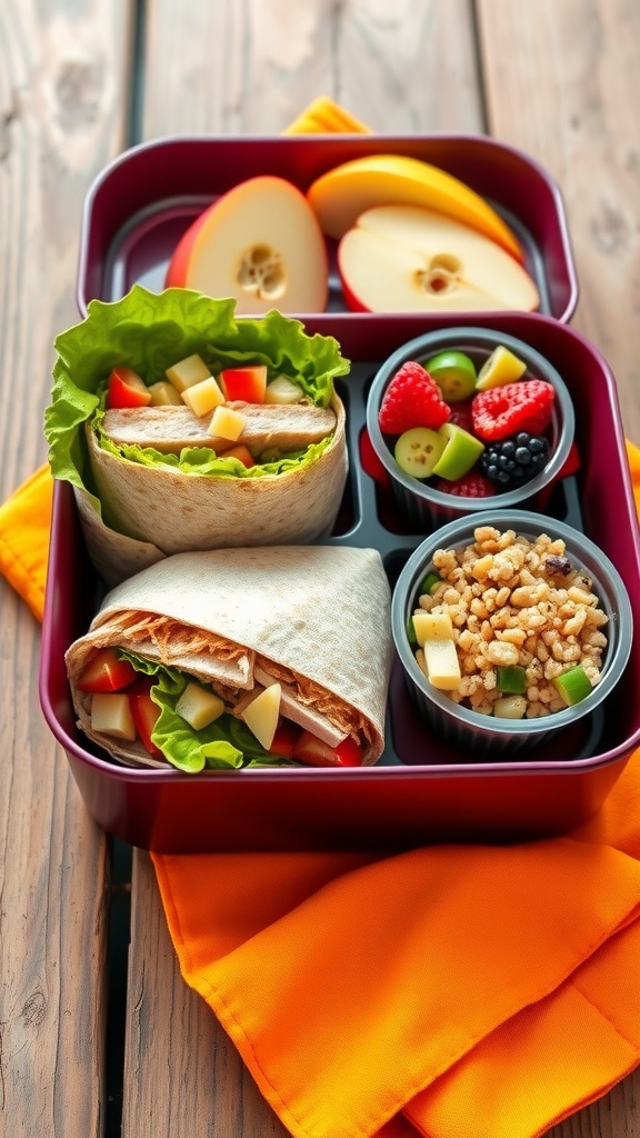 A colorful lunch box with a turkey wrap, quinoa salad, and fresh fruits.